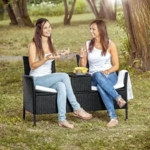 TECTAKE Rattan Gartensitzbank Mit Tisch – Gartenbank, Sitzbank, Holzbank – Natur/dunkelgrau 9