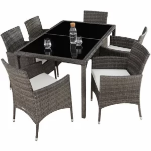 TECTAKE Rattan Sitzgruppe 6+1 Mit Schutzhülle – Gartenlounge, Terrassenmöbel, Rattan Lounge – Grau/weiß 11